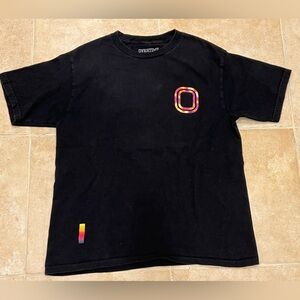 Overtime youth XL black t shirt with logo on front and graphic on back